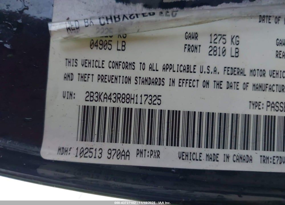 2008 DODGE CHARGER VIN: 2B3KA43R88H117325
