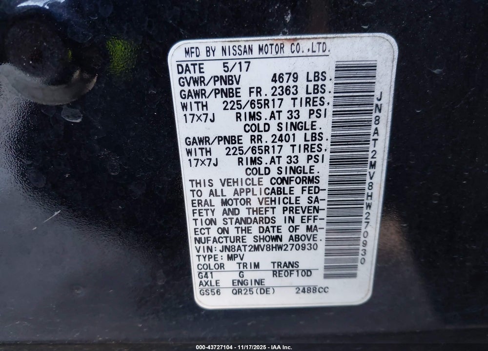 2017 NISSAN ROGUE SV VIN: JN8AT2MV8HW270930