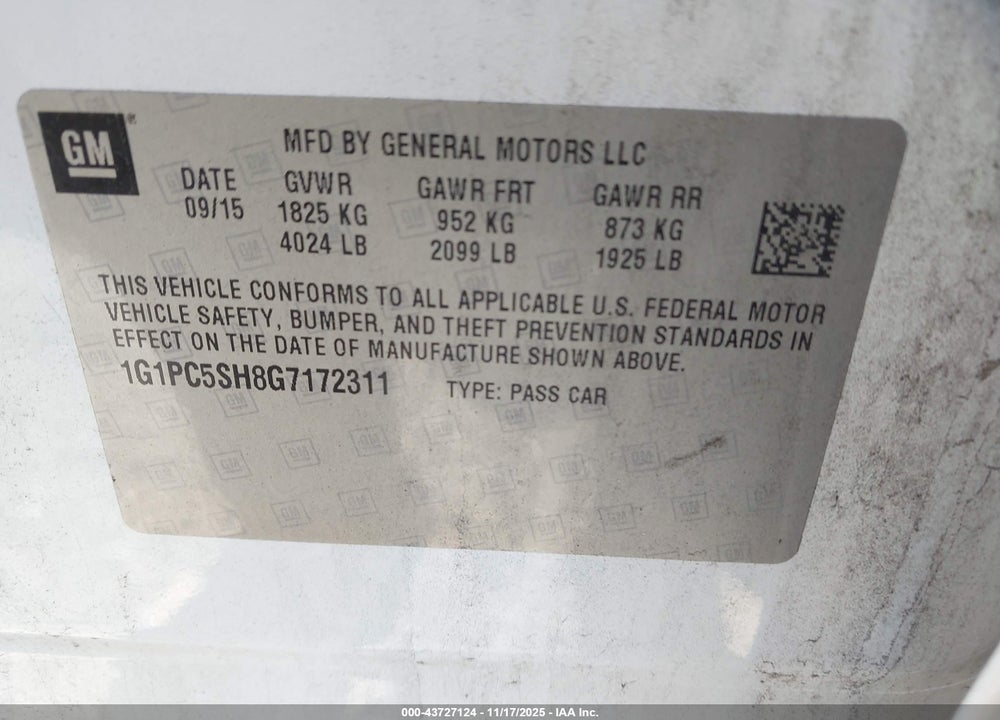 2016 CHEVROLET CRUZE LIMITED LS AUTO VIN: 1G1PC5SH8G7172311