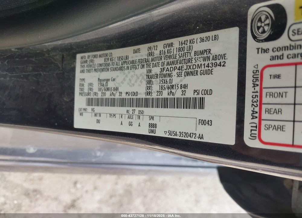 2013 FORD FIESTA SE VIN: 3FADP4EJXDM143942