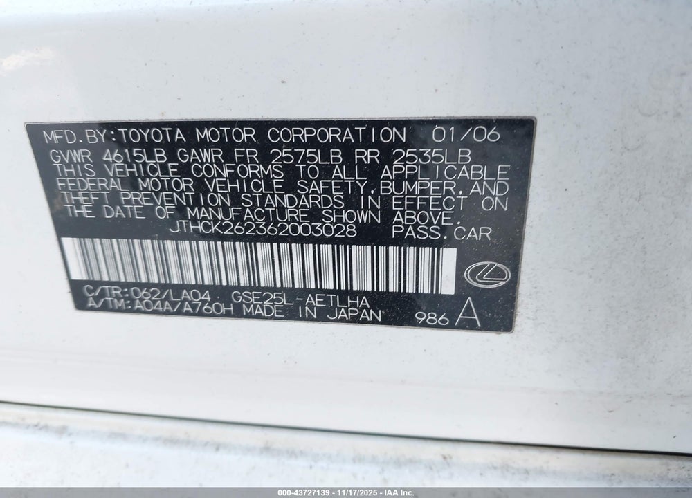 2006 LEXUS IS 250 VIN: JTHCK262362003028