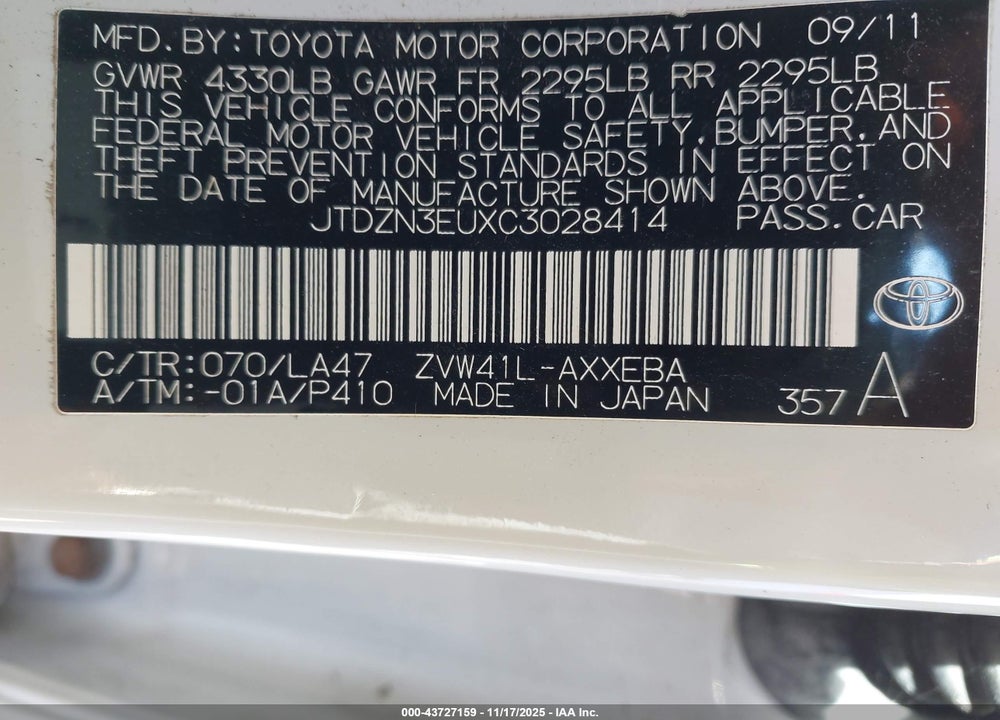 2012 TOYOTA PRIUS V FIVE VIN: JTDZN3EUXC3028414