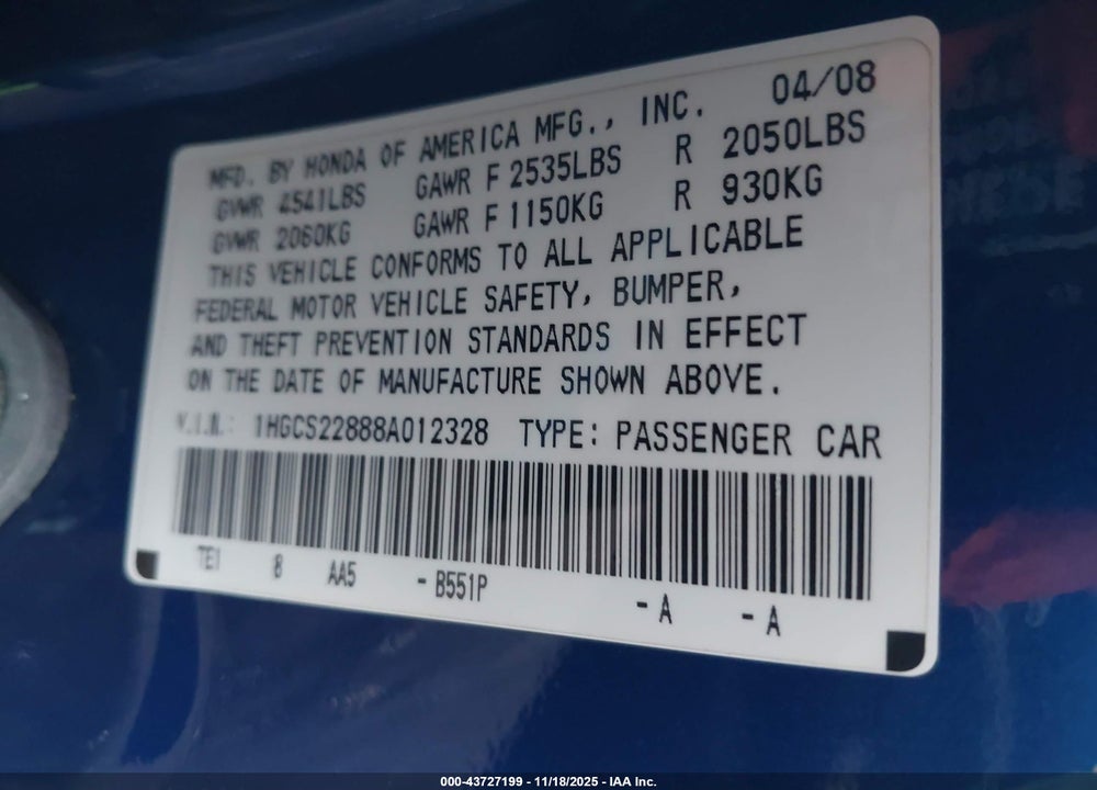 2008 HONDA ACCORD 3.5 EX-L VIN: 1HGCS22888A012328