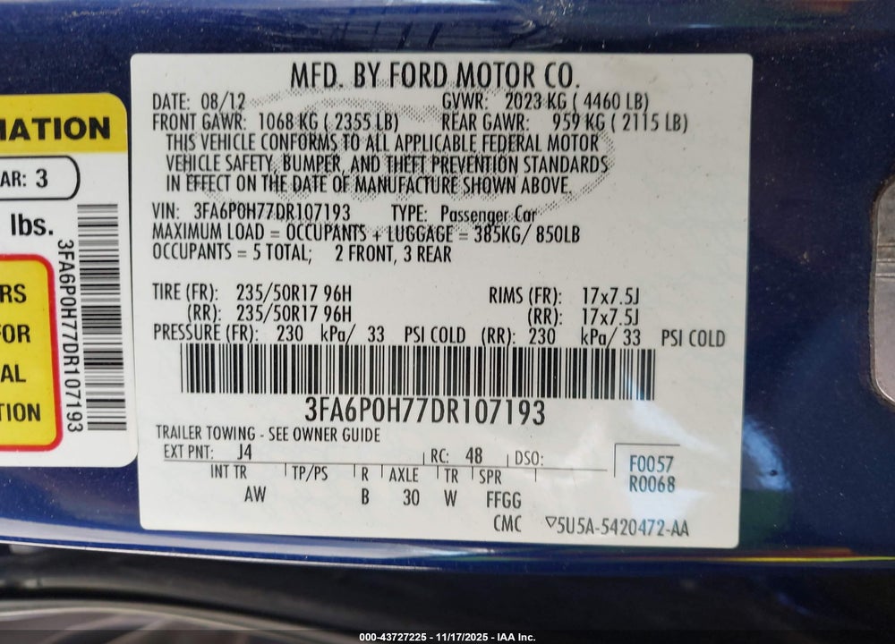 2013 FORD FUSION SE VIN: 3FA6P0H77DR107193