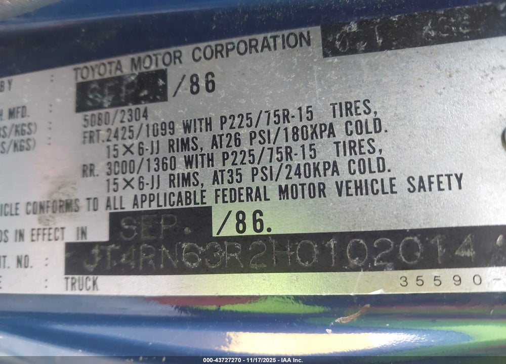 1987 TOYOTA PICKUP RN63 STD VIN: JT4RN63R2H0102014