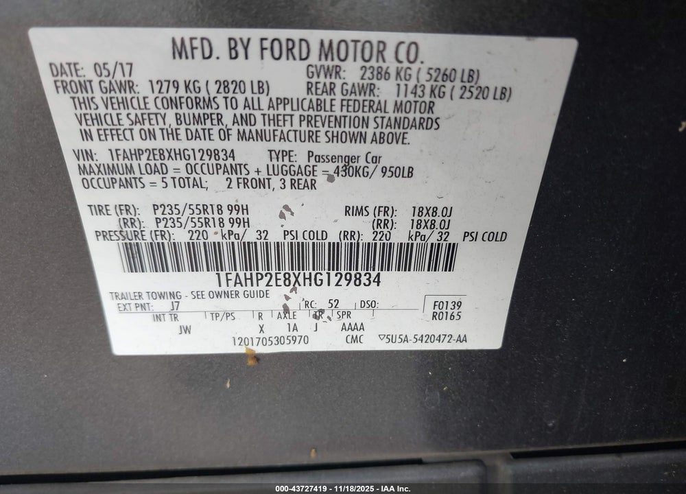 2017 FORD TAURUS SEL VIN: 1FAHP2E8XHG129834