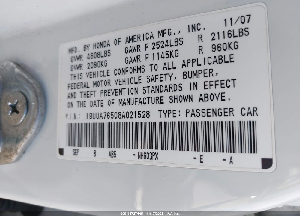 2008 ACURA TL TYPE S VIN: 19UUA76508A021528