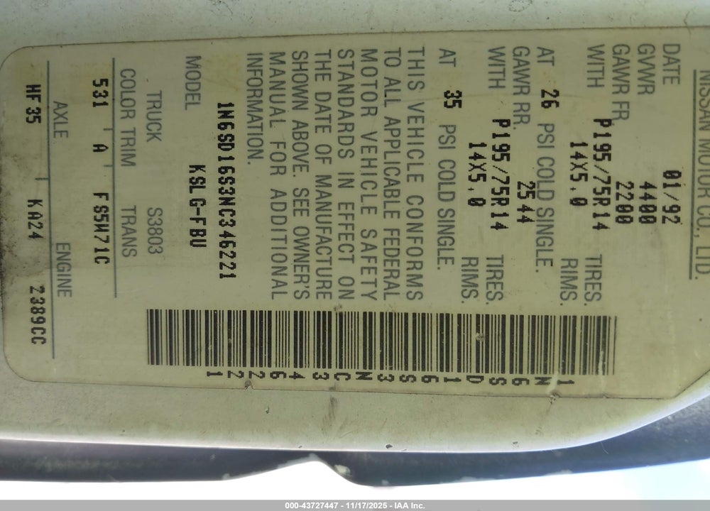 1992 NISSAN TRUCK KING CAB VIN: 1N6SD16S3NC346221