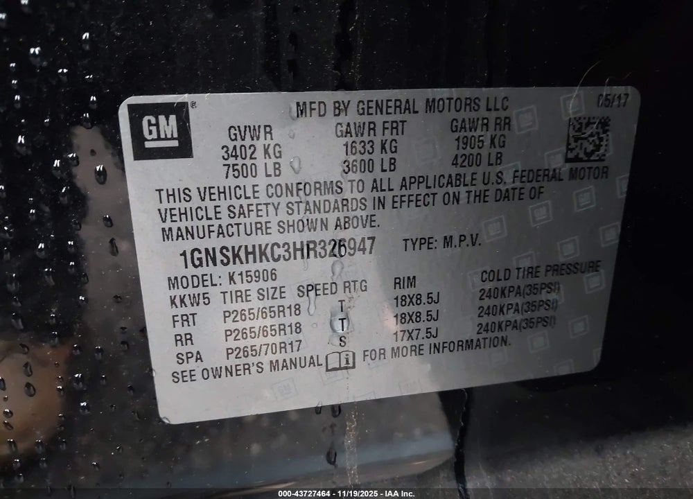 2017 CHEVROLET SUBURBAN VIN: 1GNSKHKC3HR326947