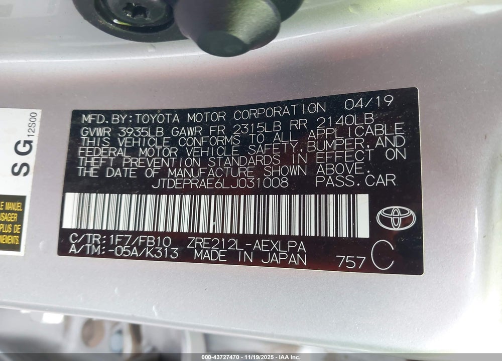 2020 TOYOTA COROLLA LE VIN: JTDEPRAE6LJ031008