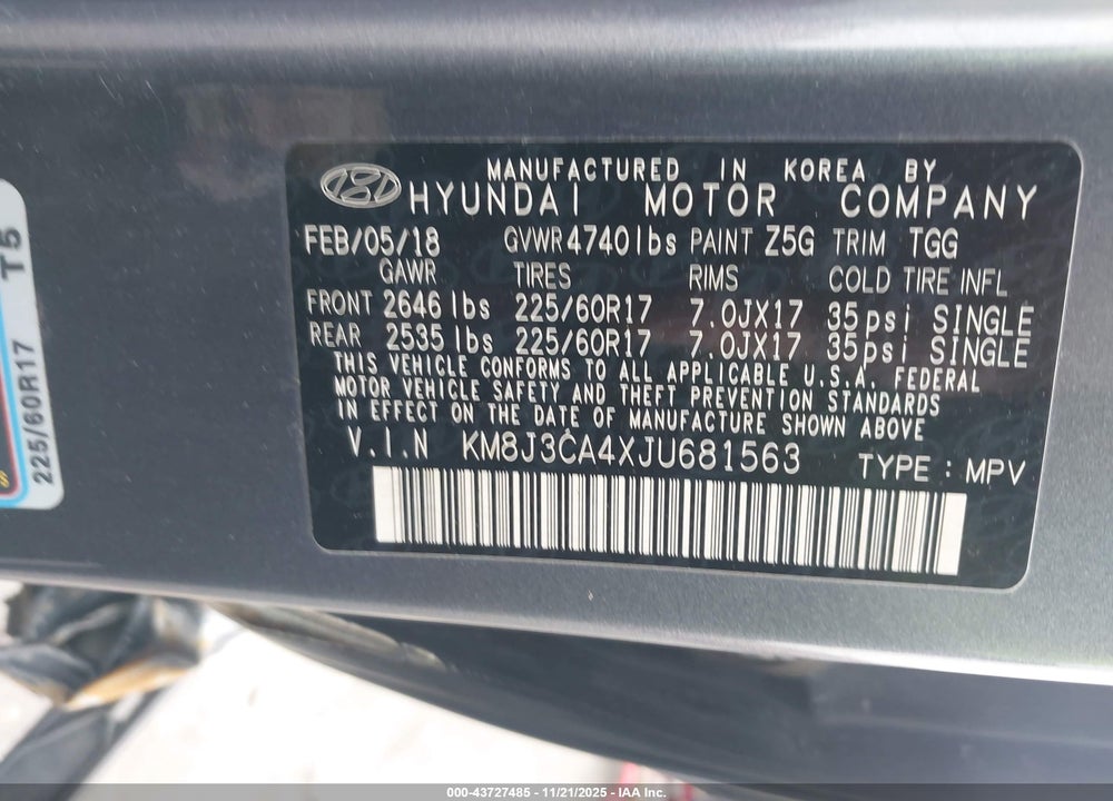 2018 HYUNDAI TUCSON SEL VIN: KM8J3CA4XJU681563