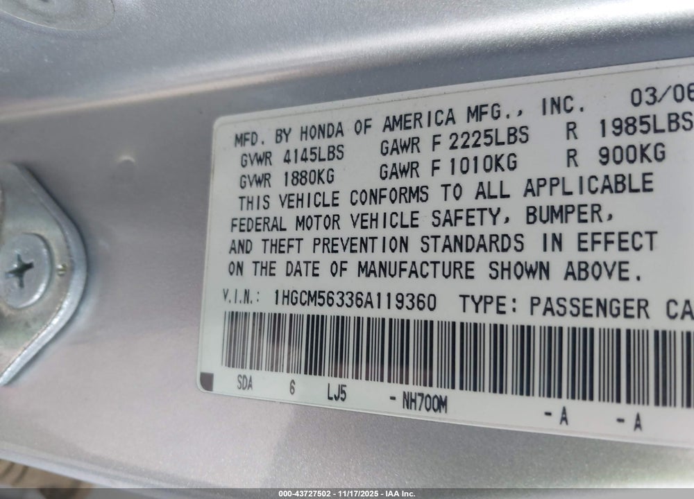 2006 HONDA ACCORD 2.4 SE VIN: 1HGCM56336A119360