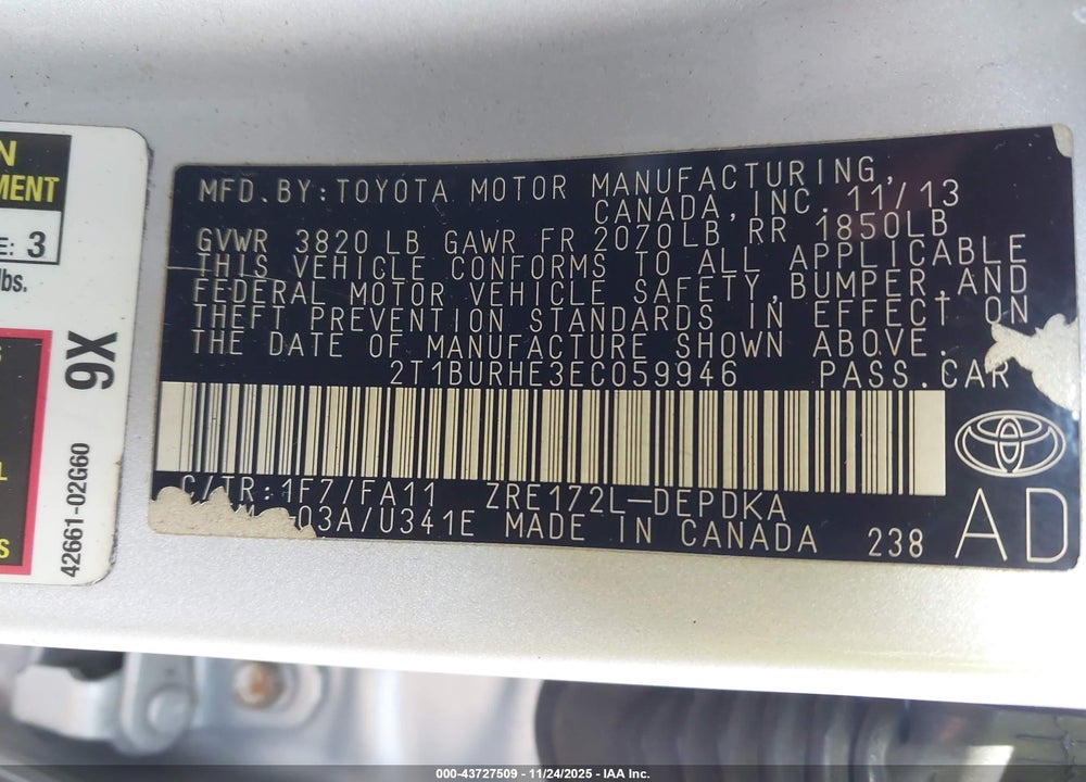 2014 TOYOTA COROLLA L VIN: 2T1BURHE3EC059946