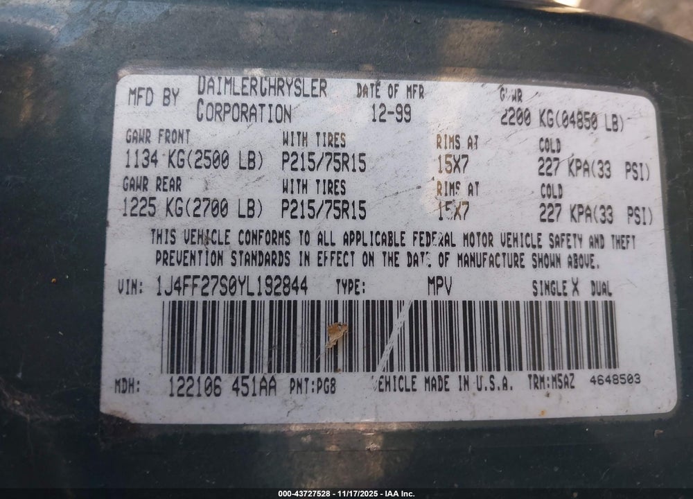 2000 JEEP CHEROKEE SE VIN: 1J4FF27S0YL192844