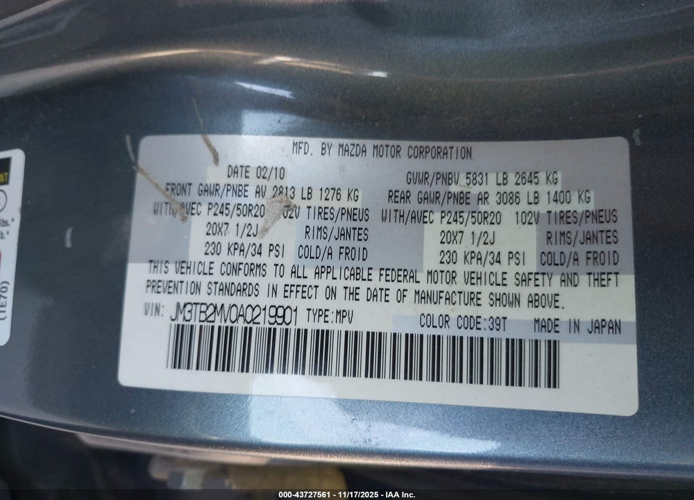 2010 MAZDA CX-9 GRAND TOURING VIN: JM3TB2MV0A0219901