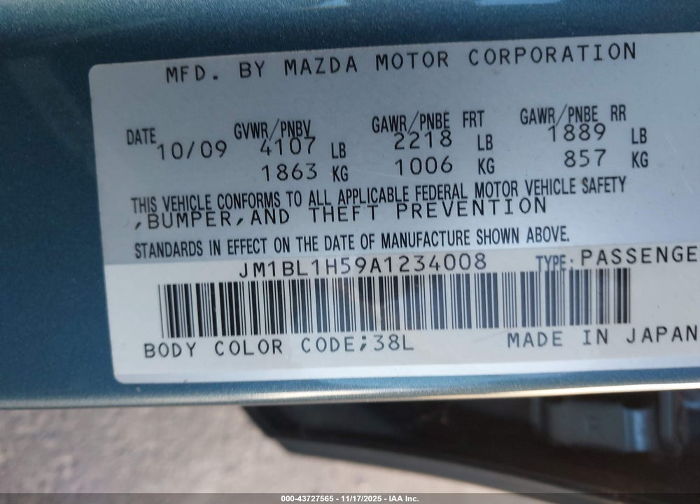2010 MAZDA 3 VIN: JM1BL1H59A1234008
