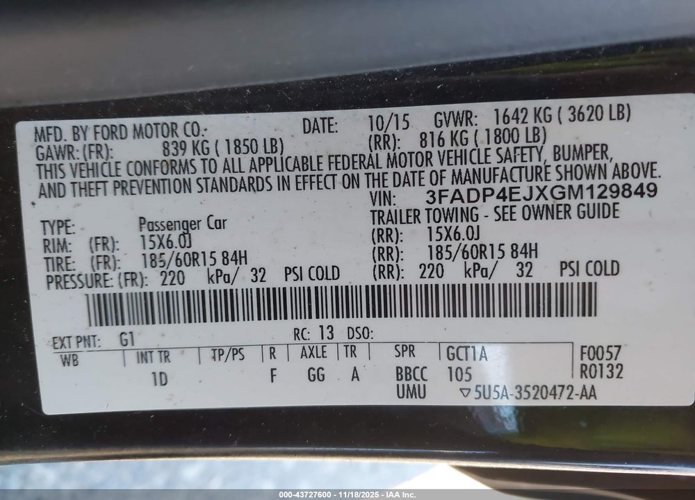 2016 FORD FIESTA VIN: 3FADP4EJXGM129849