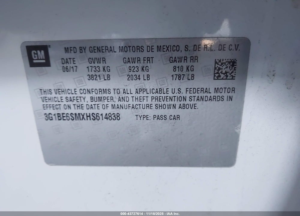 2017 CHEVROLET CRUZE VIN: 3G1BE6SMXHS614838
