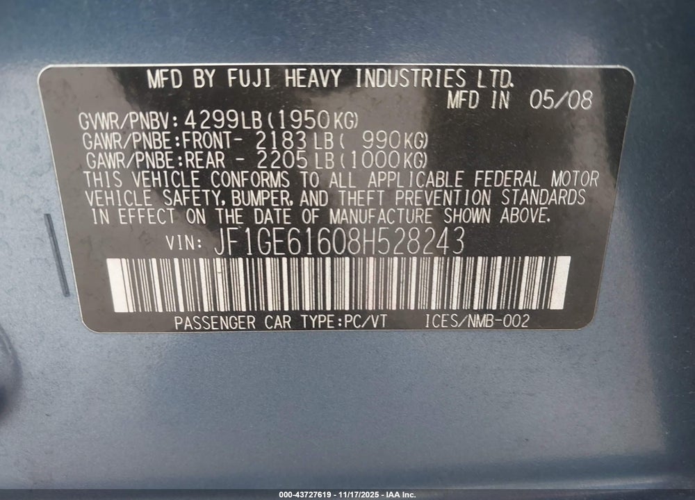 2008 SUBARU IMPREZA 2.5I VIN: JF1GE61608H528243