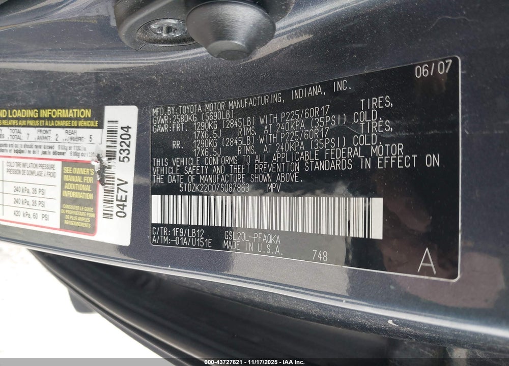 2007 TOYOTA SIENNA XLE VIN: 5TDZK22C07S087863