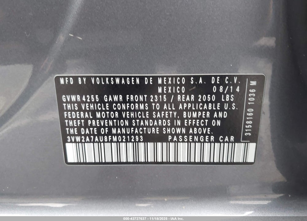 2015 VOLKSWAGEN GOLF TDI S 4-DOOR VIN: 3VW2A7AU8FM021293