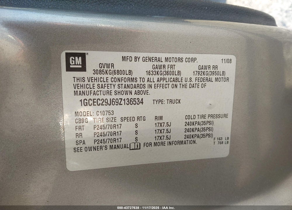 2009 CHEVROLET SILVERADO 1500 LT VIN: 1GCEC29J69Z136534