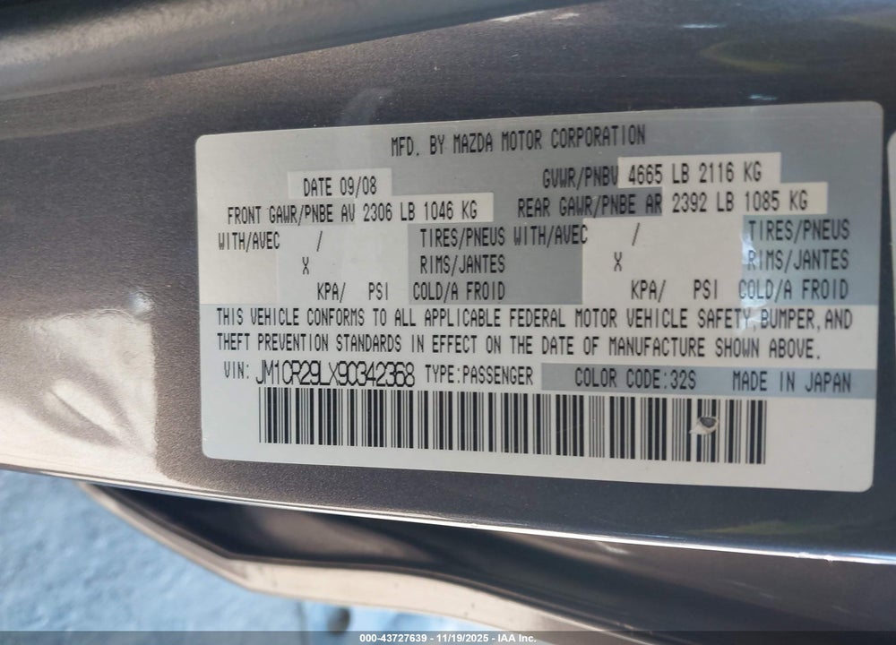 2009 MAZDA 5 VIN: JM1CR29LX90342368
