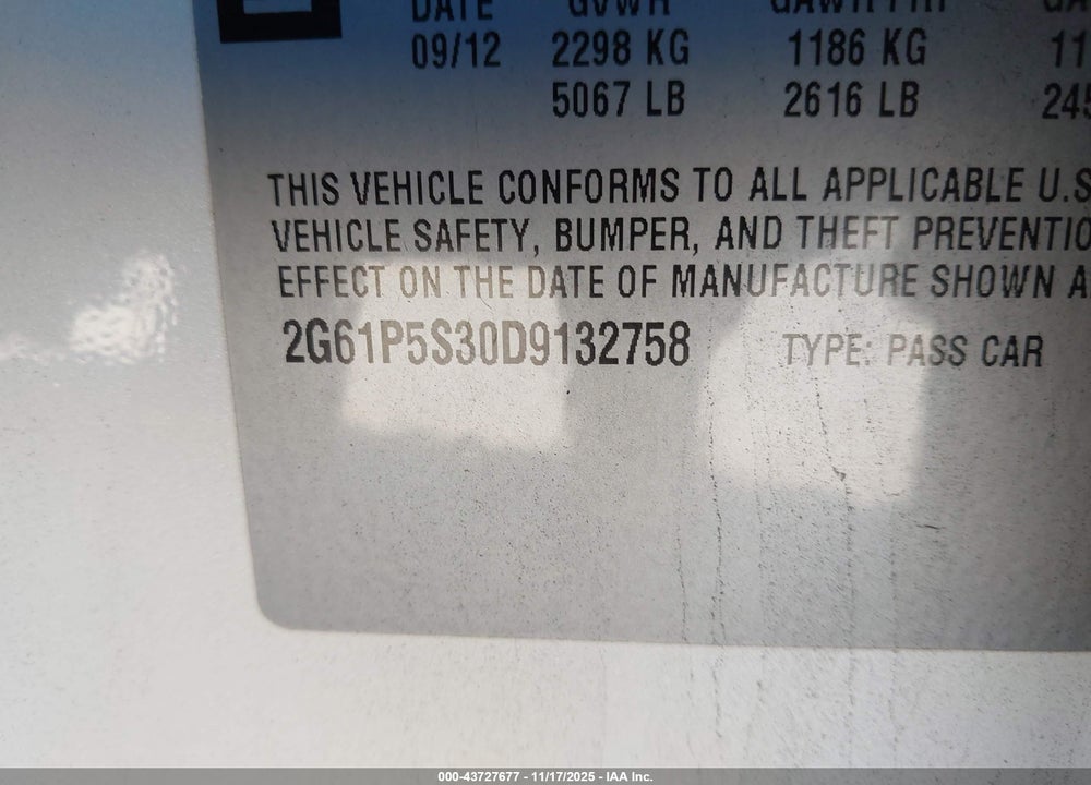 2013 CADILLAC XTS LUXURY VIN: 2G61P5S30D9132758