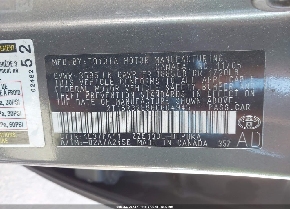 2006 TOYOTA COROLLA CE VIN: 2T1BR32E96C604945