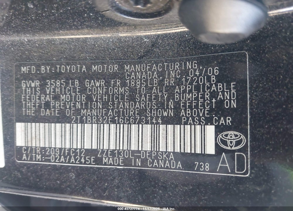 2006 TOYOTA COROLLA S VIN: 2T1BR32E16C673144