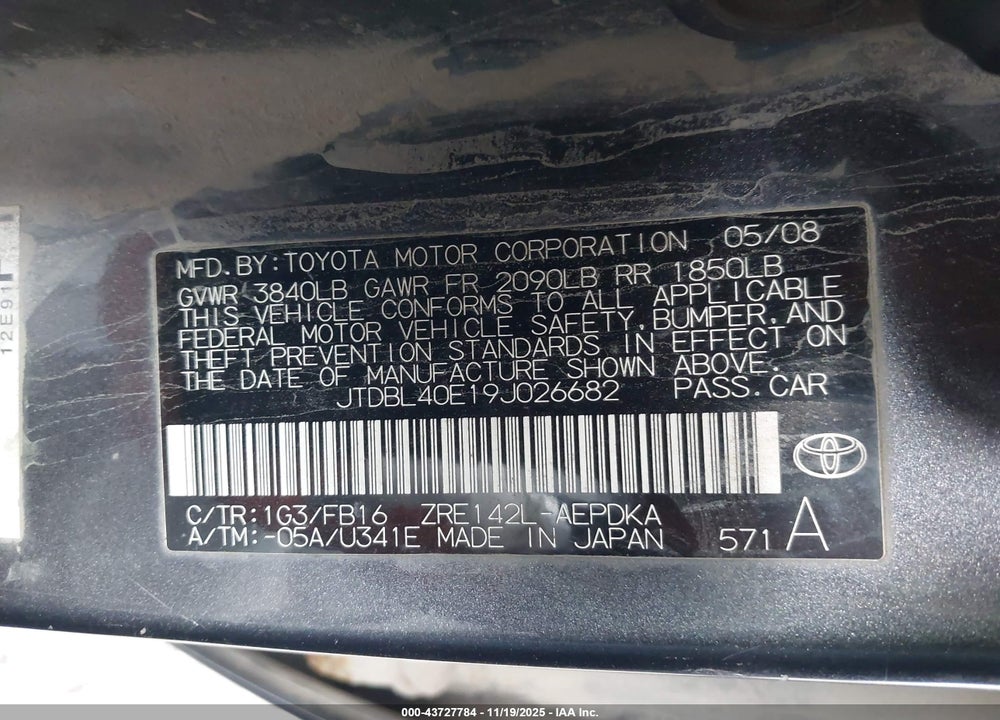 2009 TOYOTA COROLLA VIN: JTDBL40E19J026682