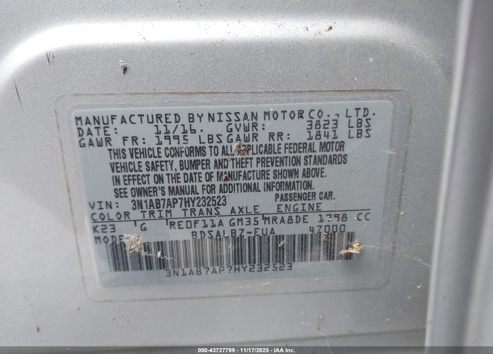 2017 NISSAN SENTRA S VIN: 3N1AB7AP7HY232523