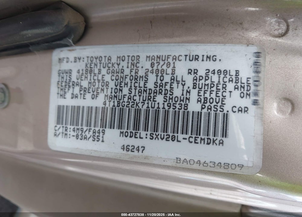 2001 TOYOTA CAMRY CE VIN: 4T1BG22K71U119538