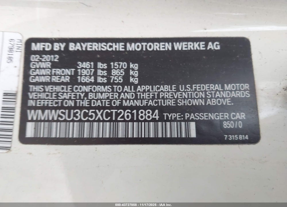 2012 MINI COOPER VIN: WMWSU3C5XCT261884