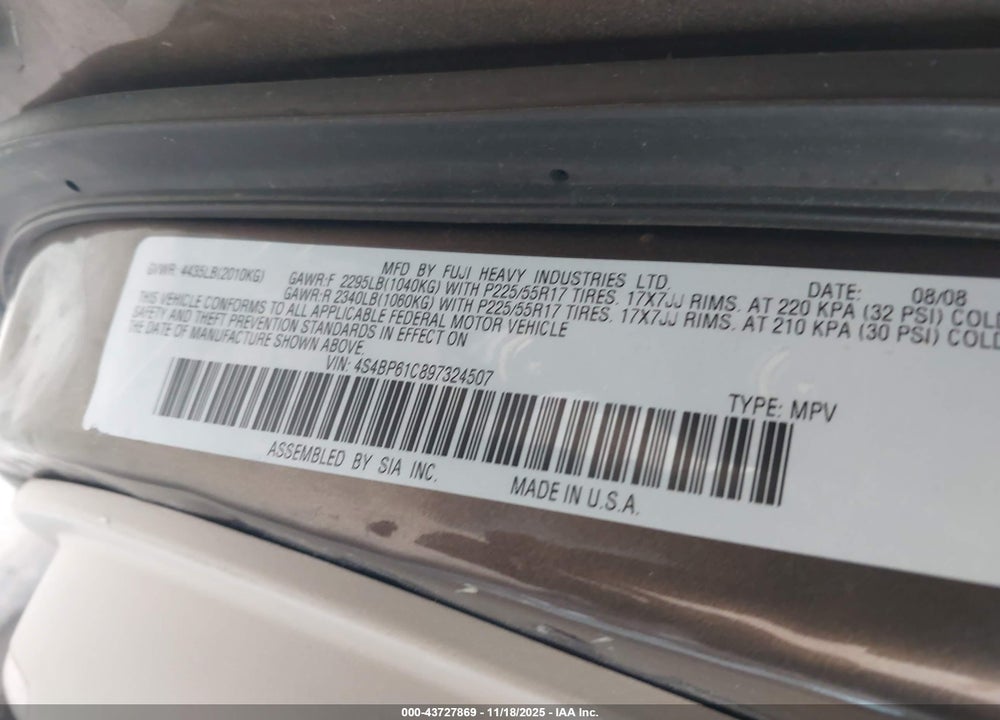 2009 SUBARU OUTBACK 2.5I VIN: 4S4BP61C897324507