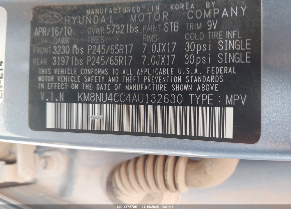 2010 HYUNDAI VERACRUZ GLS VIN: KM8NU4CC4AU132630