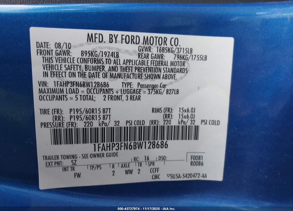 2011 FORD FOCUS VIN: 1FAHP3FN6BW128686