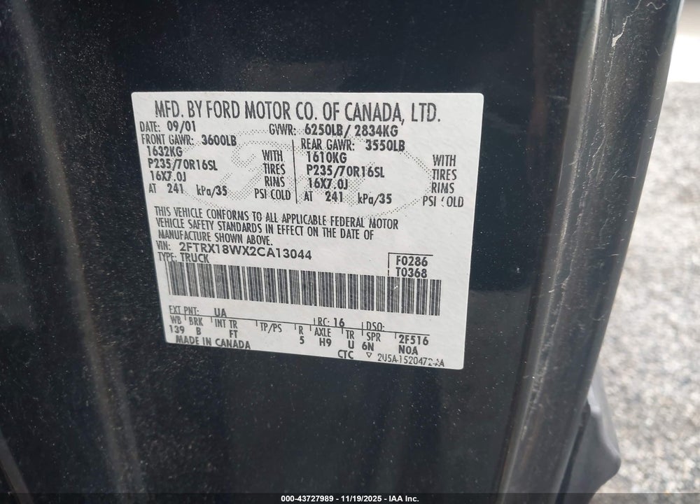 2002 FORD F-150 LARIAT/XL/XLT VIN: 2FTRX18WX2CA13044