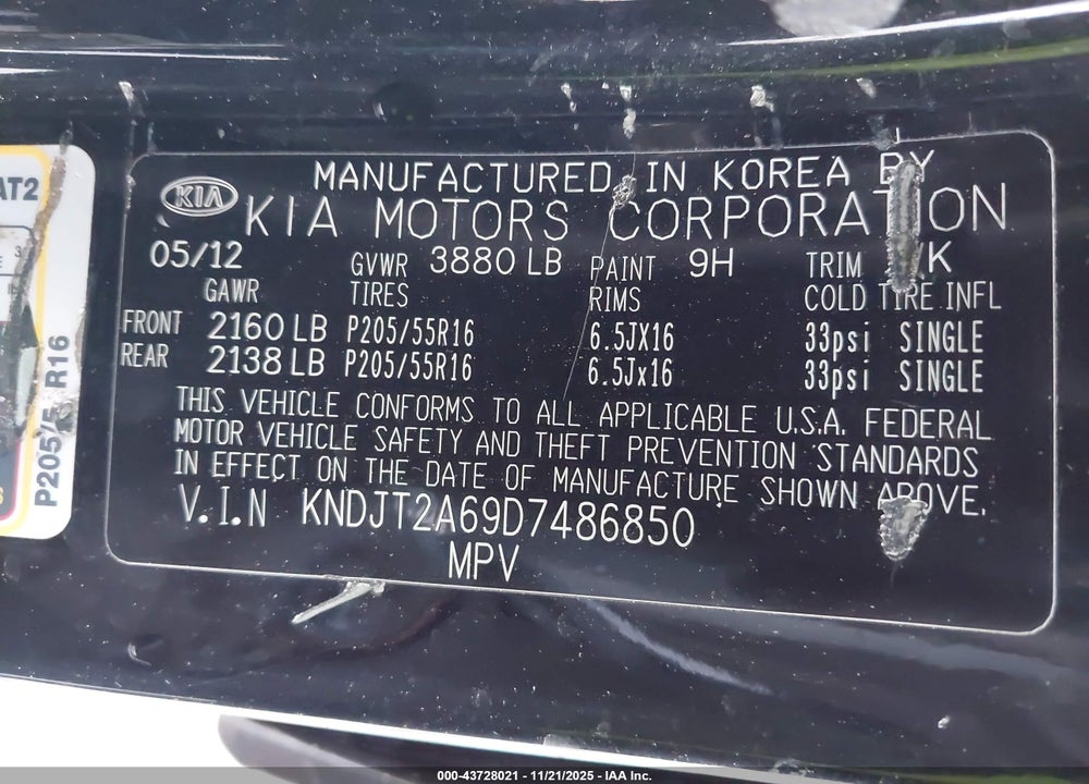 2013 KIA SOUL + VIN: KNDJT2A69D7486850