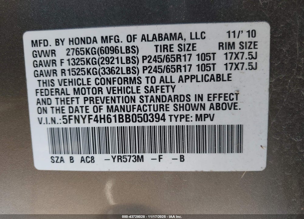 2011 HONDA PILOT EX-L VIN: 5FNYF4H61BB050394