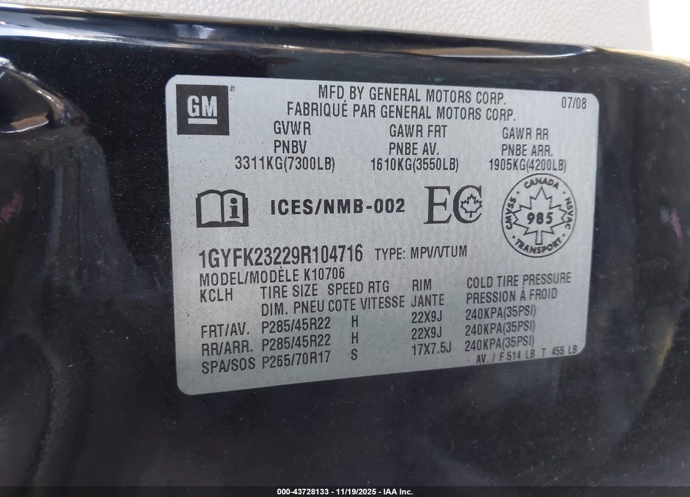 2009 CADILLAC ESCALADE STANDARD VIN: 1GYFK23229R104716