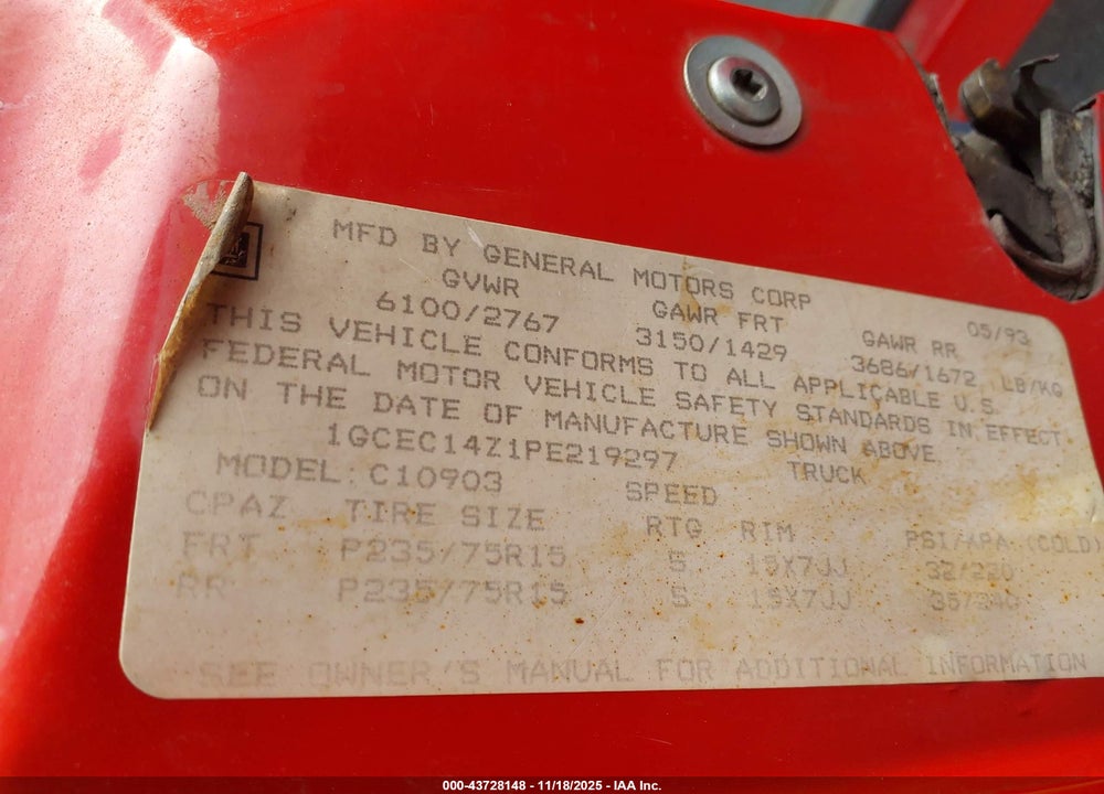 1993 CHEVROLET GMT-400 C1500 VIN: 1GCEC14Z1PE219297