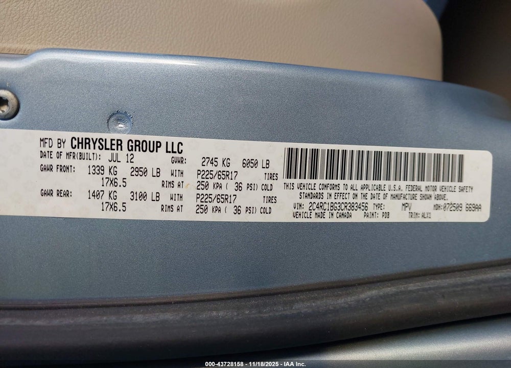 2012 CHRYSLER TOWN & COUNTRY TOURING VIN: 2C4RC1BG3CR383456
