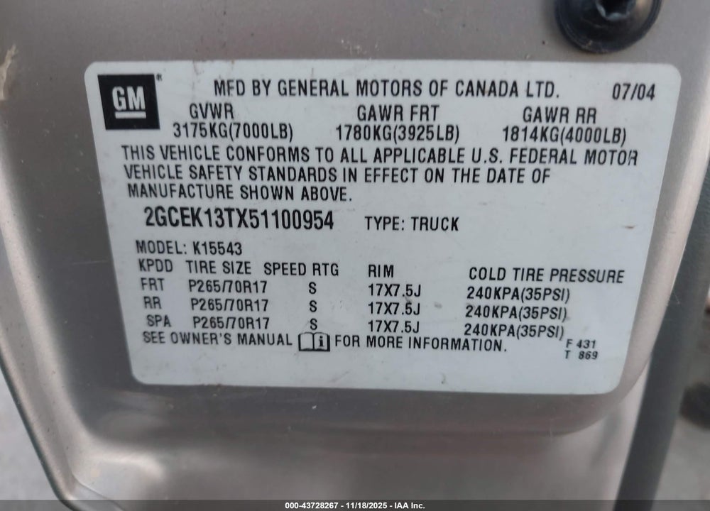 2005 CHEVROLET SILVERADO 1500 Z71 VIN: 2GCEK13TX51100954