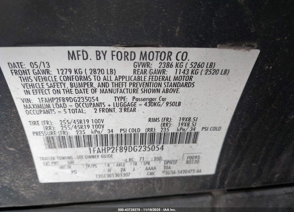 2013 FORD TAURUS VIN: 1FAHP2F89DG235054