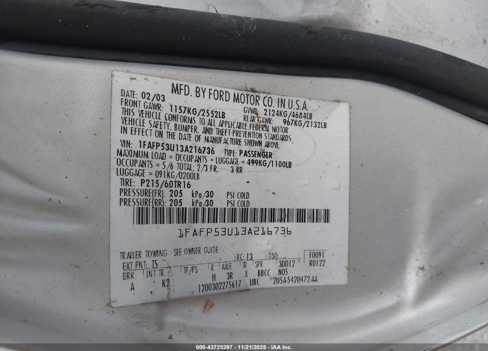 2003 FORD TAURUS SE VIN: 1FAFP53U13A216736