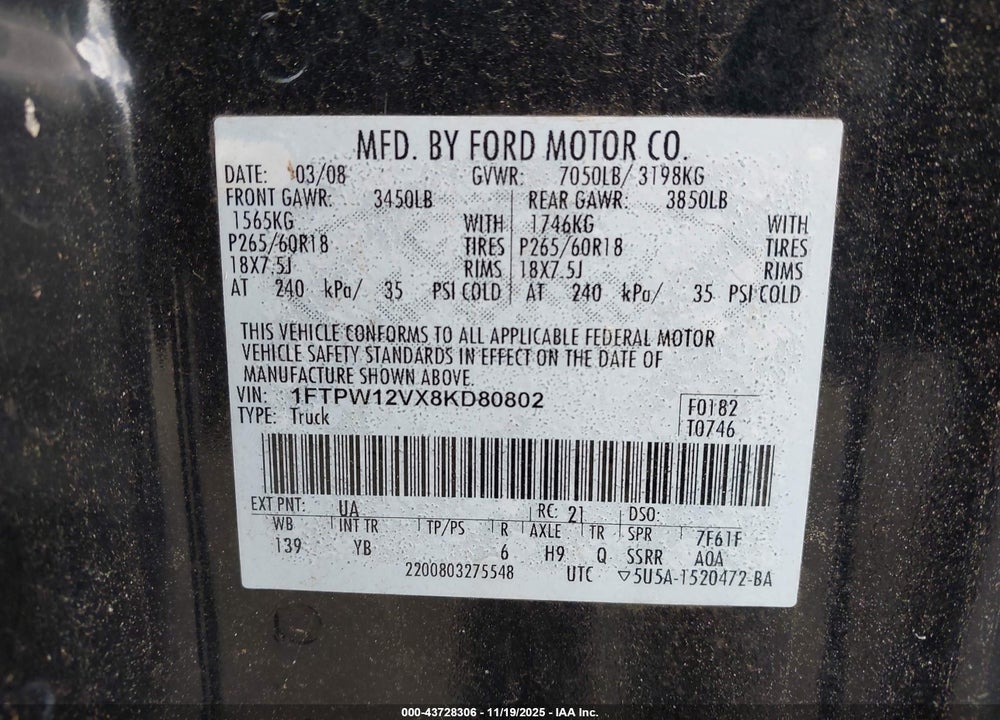 2008 FORD F-150 VIN: 1FTPW12VX8KD80802