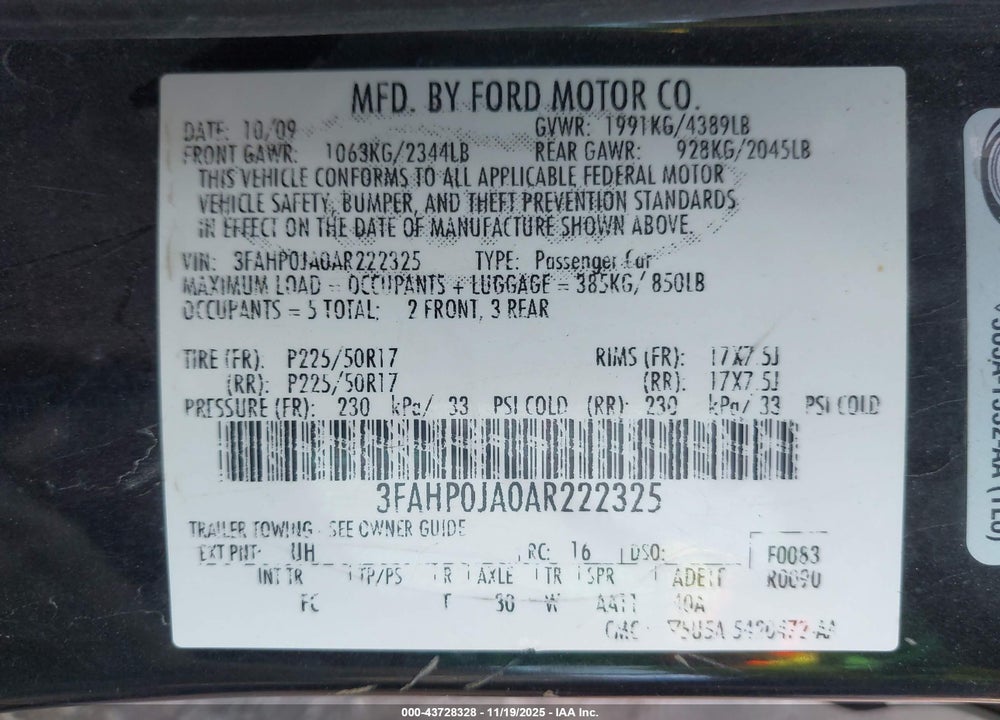 2010 FORD FUSION VIN: 3FAHP0JA0AR222325
