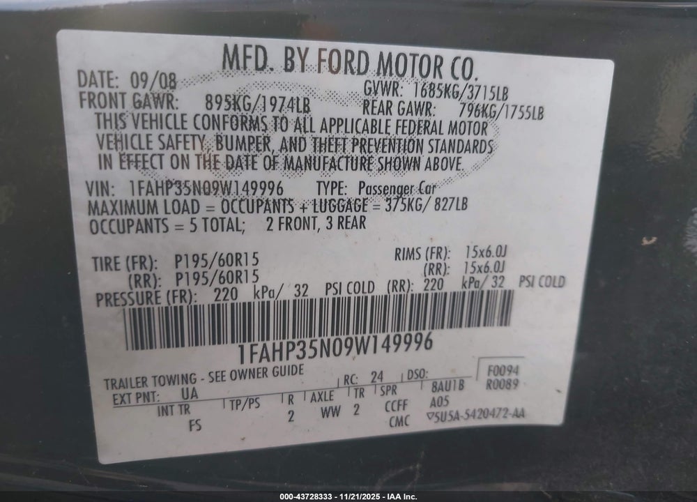 2009 FORD FOCUS SE VIN: 1FAHP35N09W149996