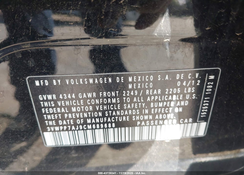 2012 VOLKSWAGEN JETTA SPORTWAGEN 2.5L SE VIN: 3VWPP7AJ9CM689688